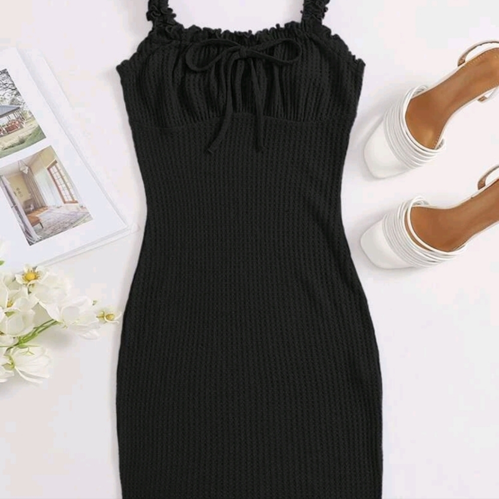 Frill trim strap knot front ruched bust dress